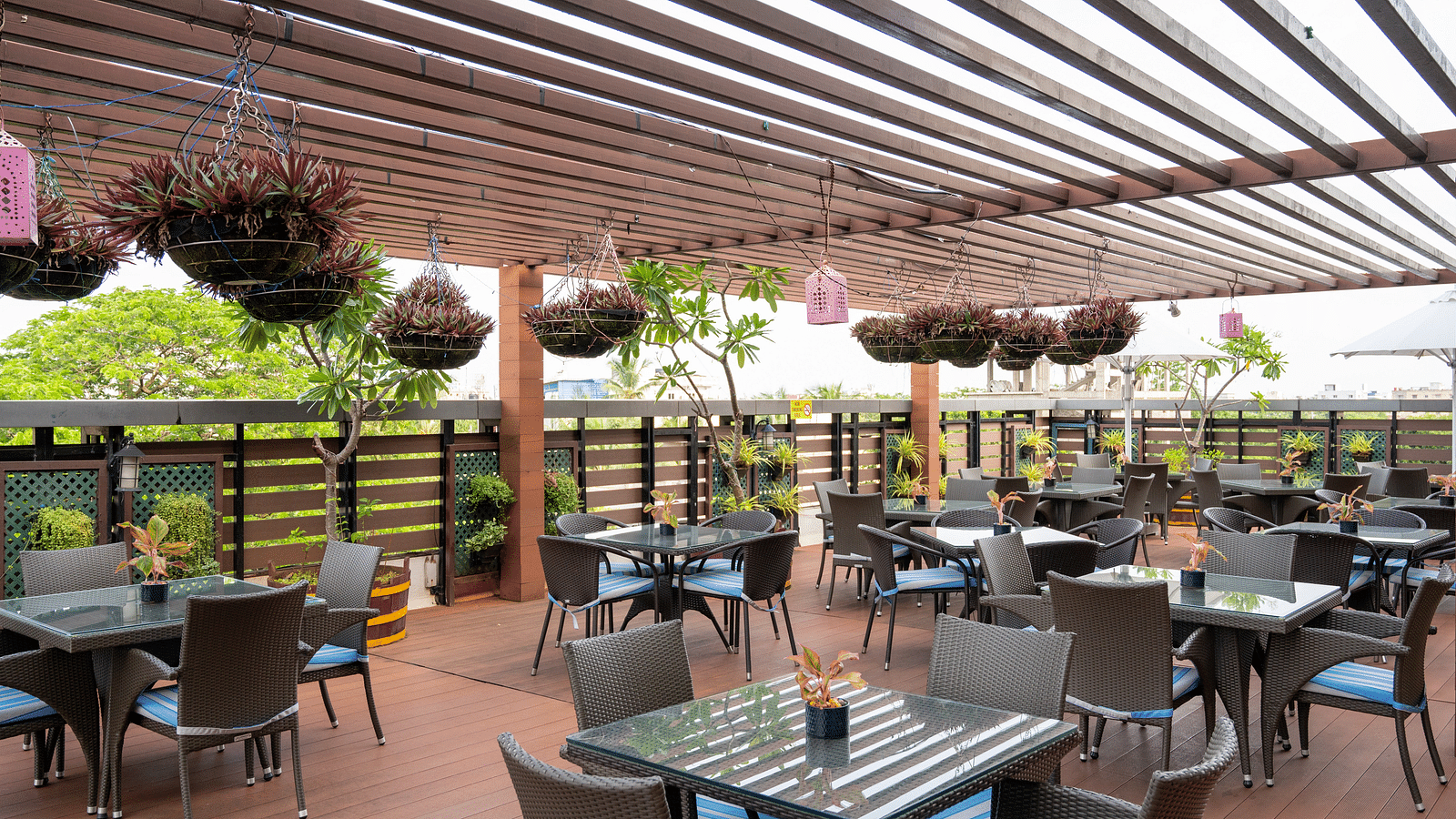 Image of outdoor dining space covered with plants and wooden patio at Grand Kakinada by GRT Hotels