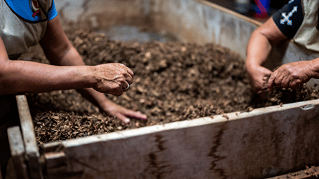 Two people working on soil to be used for potting plants.