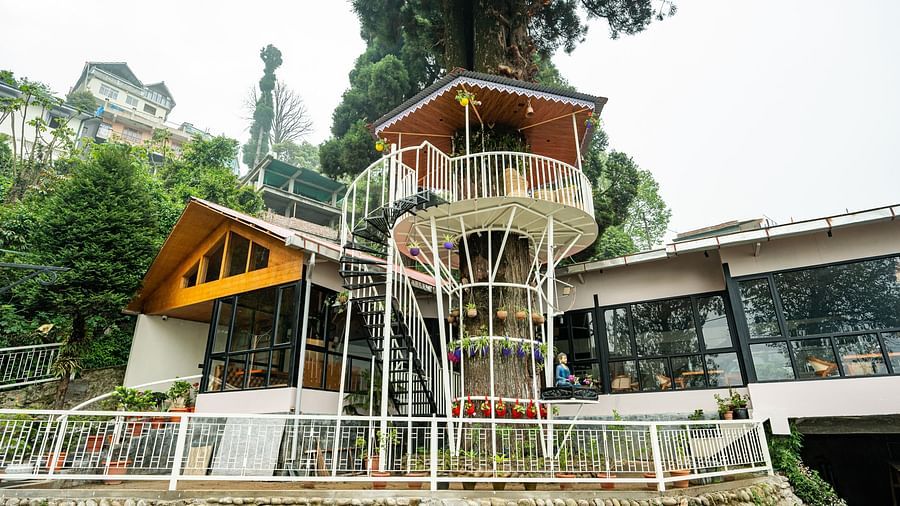 A multi-tiered, modern-rustic building with a spiral staircase, set against a backdrop of lush greenery- Arcadia Heritage Resort, Darjeeling