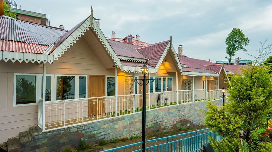 A close side view of the facade image of the Arcadia Heritage Resort, Darjeeling