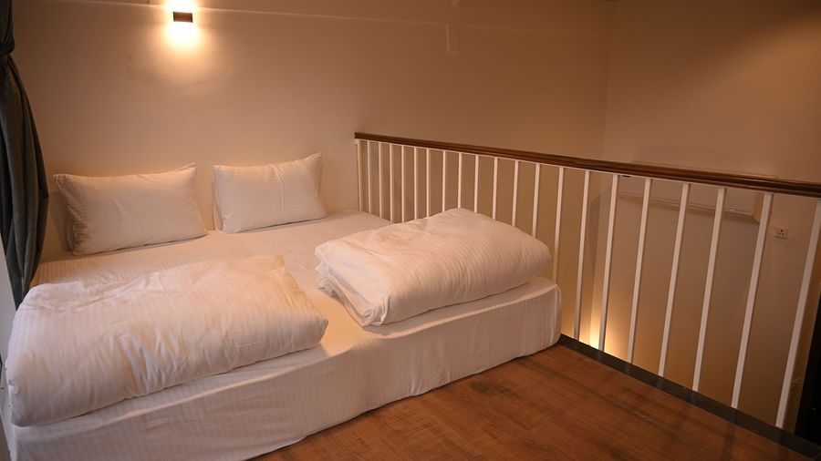 Side view of the mattress in the attic of the Kutumbh Suite at Mango Leaf Lake Resort, Pune