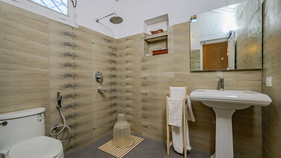 Washroom with modern amenities inside rose room at The Ramgarh Bungalows - 19th Century, Above Nainital.