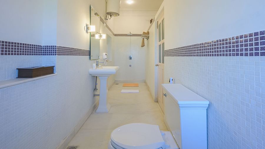 A bathroom with a sink, a toilet, a shower, and a narrow design at Tijara Fort-Palace - 19th Century, Alwar.