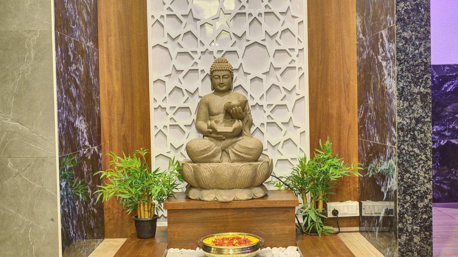A stone statue of Lord Buddha with two green plants kept on both sides of it at Ilara Hotels & Spa, Tada.