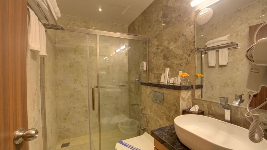 A bathroom fully equipped with essential toiletries besides a wash basin at Ilara Hotels & Spa, Tada.