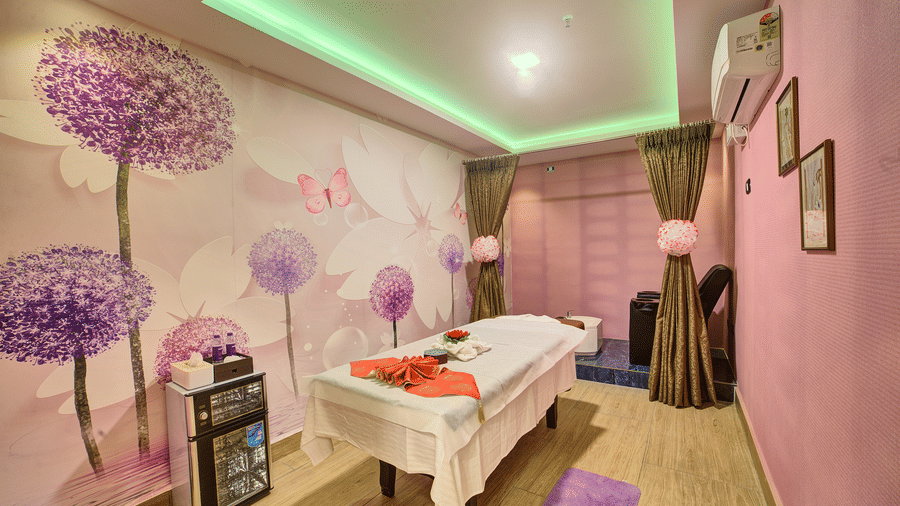 Corner view of a room featuring a spa table with pink walls in the room at Ilara Hotels & Spa, Tada.