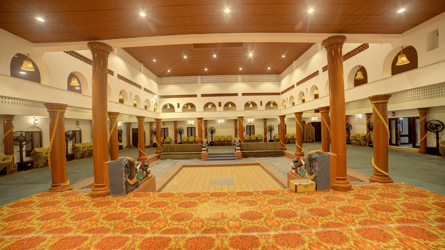 Grand entrance foyer with detailed columns and patterned flooring at Kailash Conventions ECR.