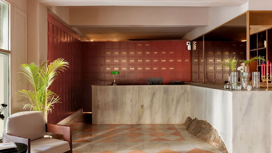 Seating arrangements in the Reception area at Manuscript - Jhilwara Haveli, Udiapur