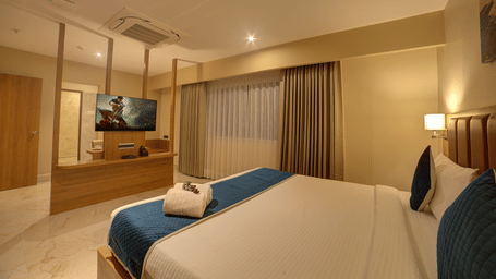 A wide-angle shot of the bedroom at Ilara Hotels & Spa, Tada at the Executive Suite with a plush double bed and a flat screen television in front of it.