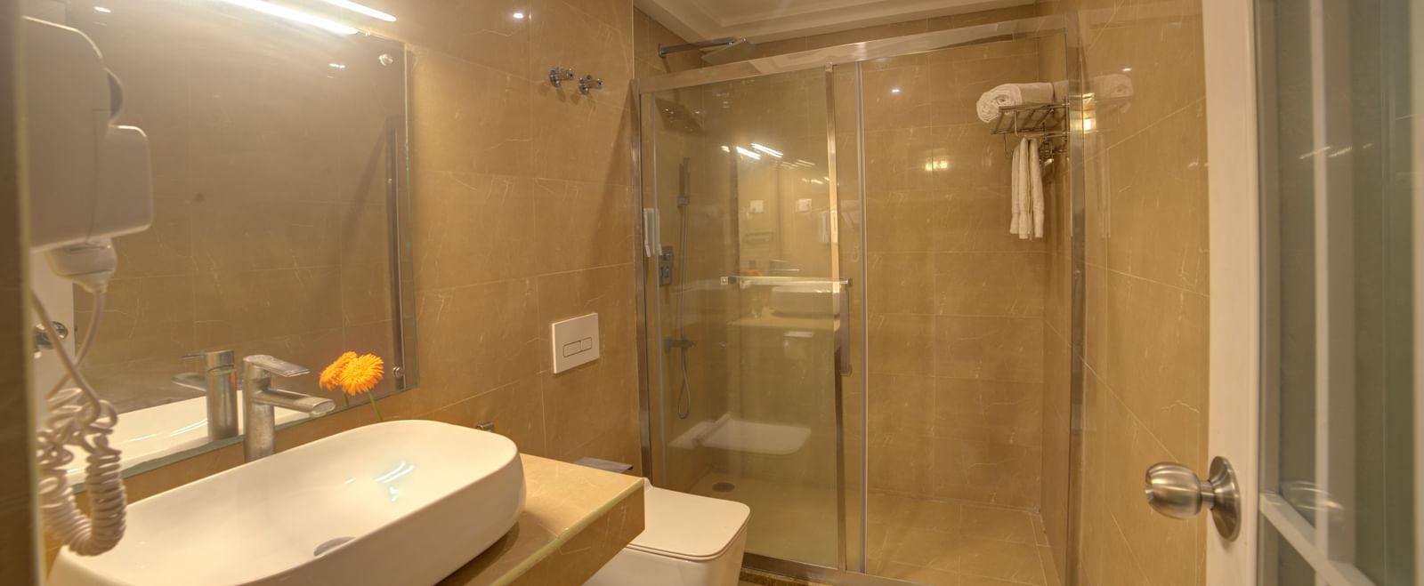 Modern bathroom with enclosed shower area and countertop sink at Ilara Hotels & Spa, OMR, Chennai