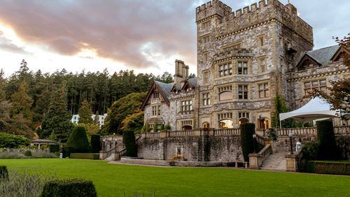 An image of a castle with lush greenery and trees around while having a beautiful sky in the background