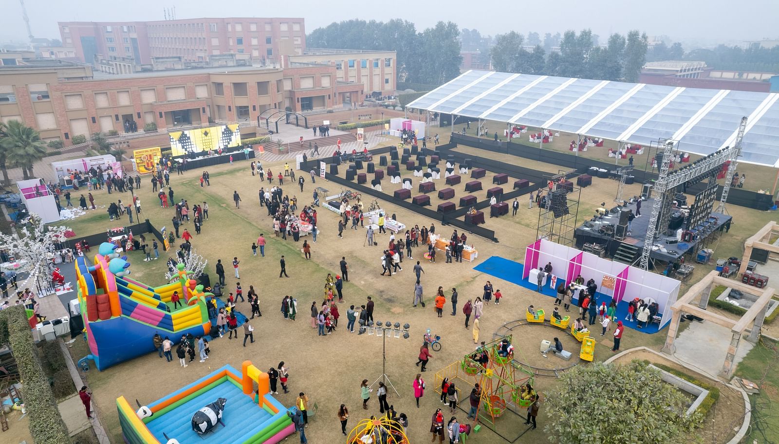 An aerial view of an event happening in a ground at Nirvana Luxury Hotel, Ludhiana.