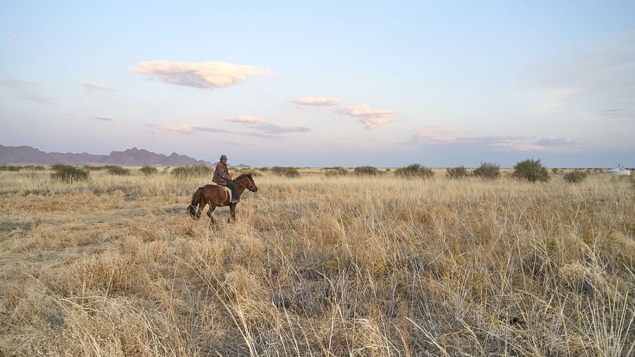 A person riding a horse on an open field with dried grass and a lake in the background