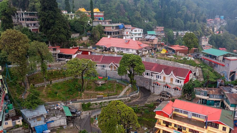 A long Drone shot of Arcadia Heritage Resort, Darjeeling.