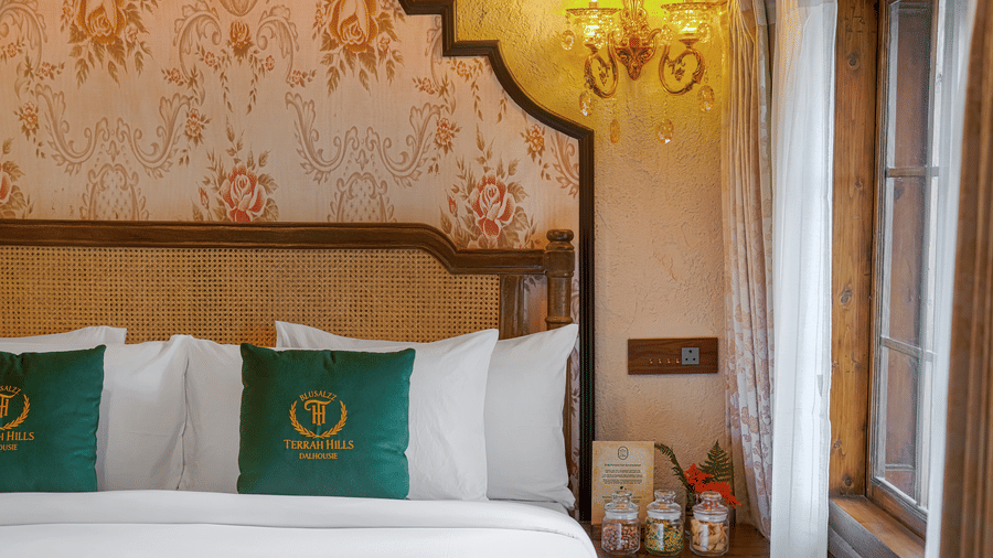 A seating area in a premium room at BluSalzz Terrah Hills Resort, Dalhousie, with exposed stone walls and arched ceilings, featuring a sofa, chairs, and a wooden coffee table. 
