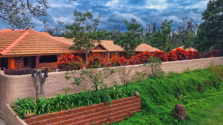 Exterior view of Copper Edge Eco Resort featuring cottages surrounded by plants and trees.
