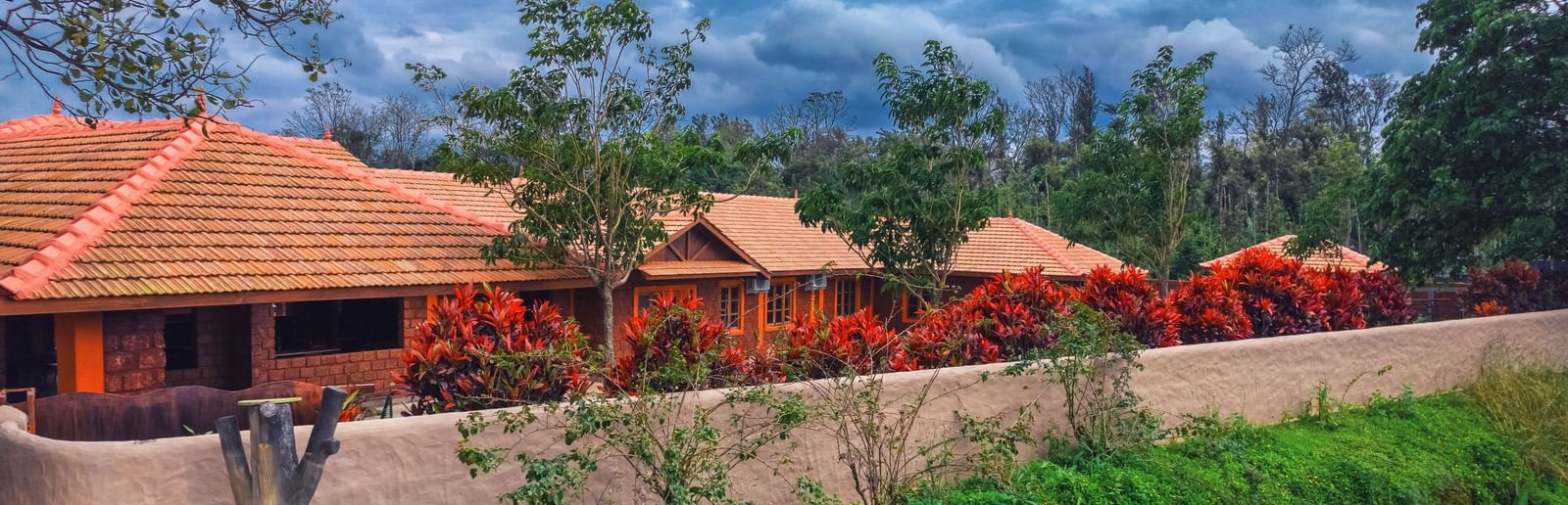 Exterior view of Copper Edge Eco Resort featuring cottages surrounded by plants and trees.