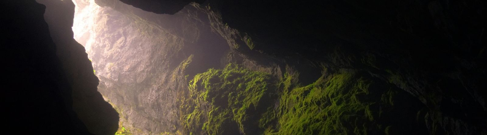 Light streaming through a cave opening onto moss-covered rocks