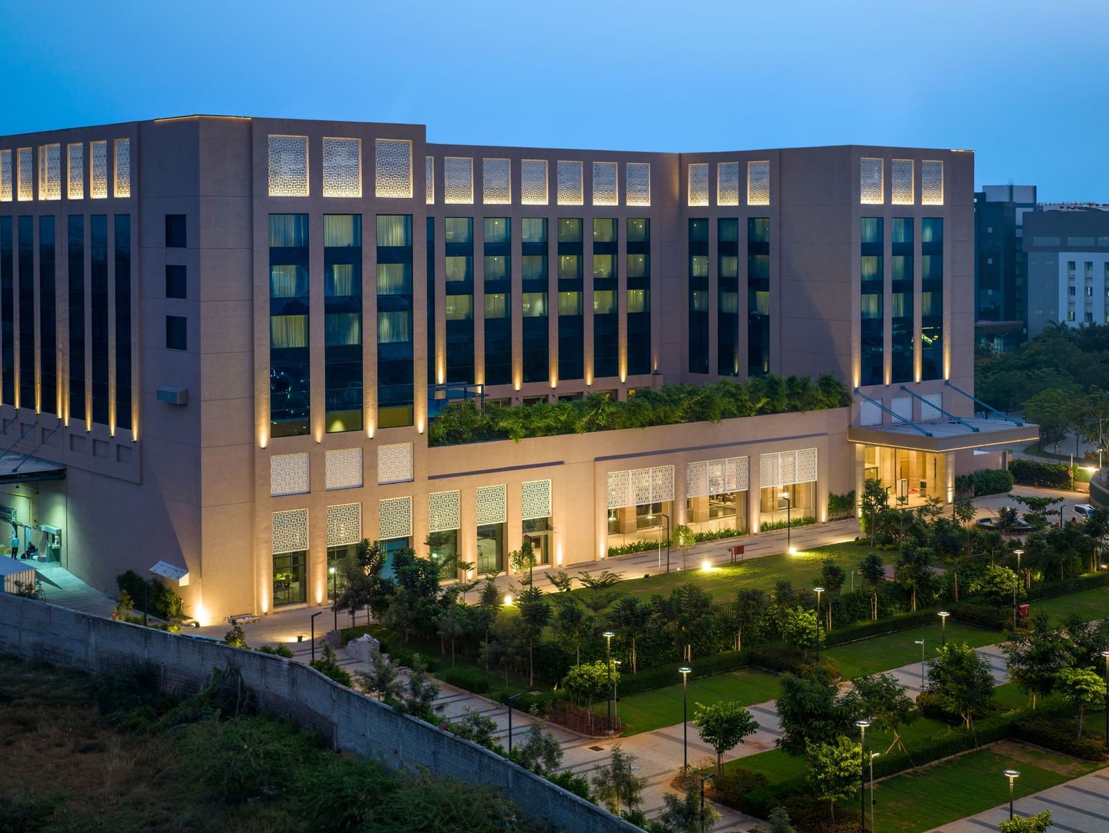 Front view of Grand Chennai By GRT Hotels during evening time.