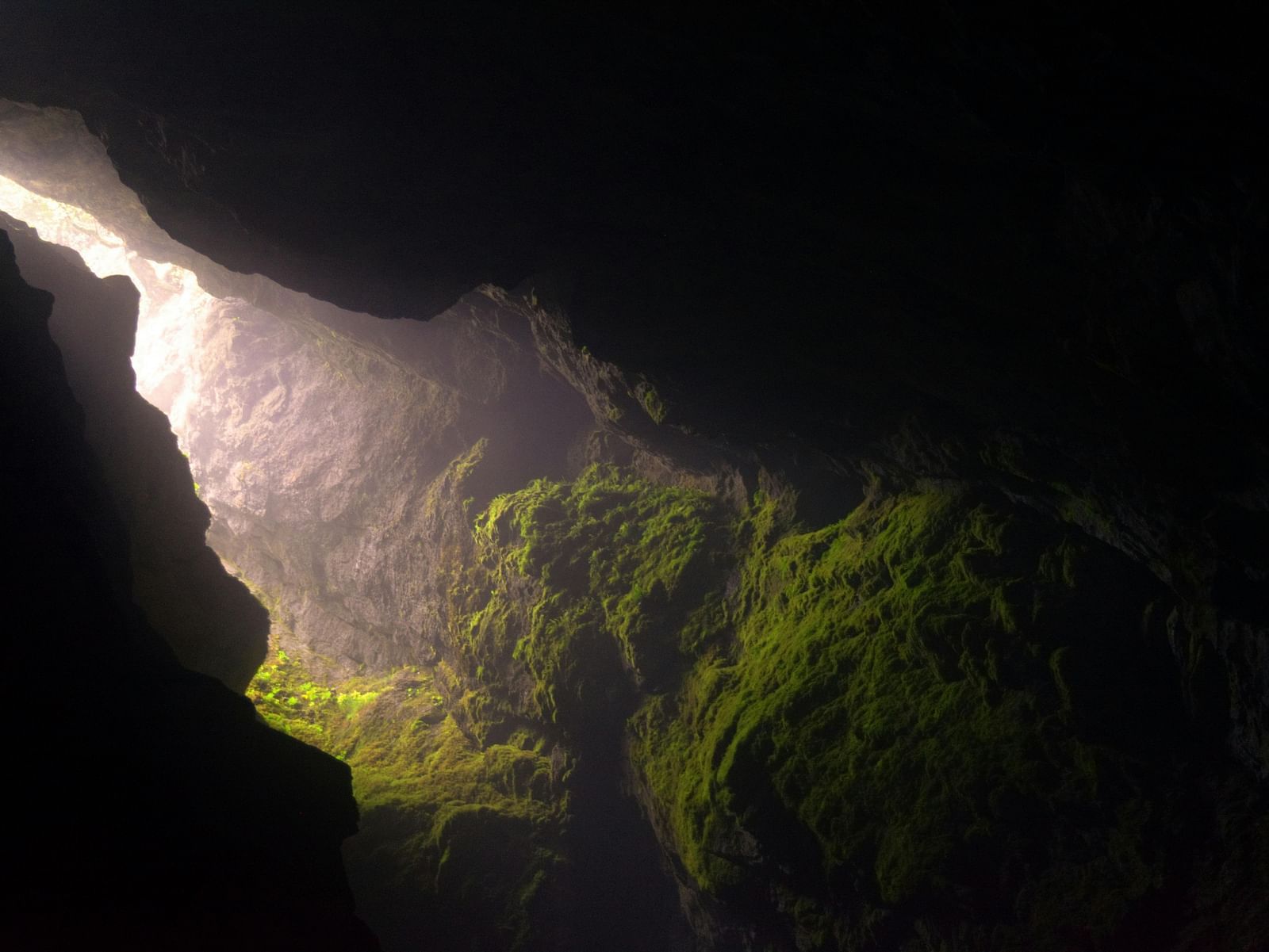 Light streaming through a cave opening onto moss-covered rocks