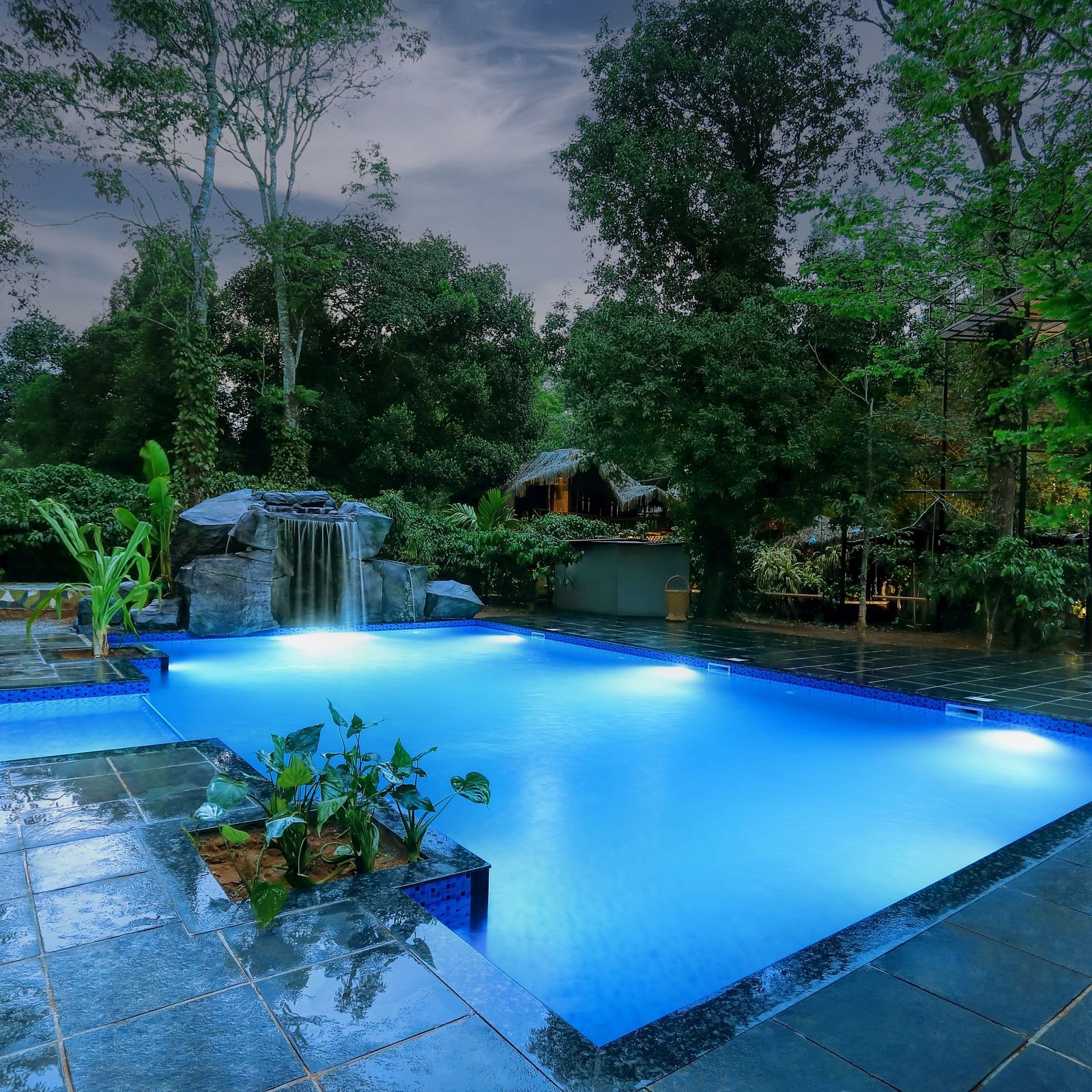 Illuminated resort pool at night with a waterfall and surrounding lush foliage - Evergreen County