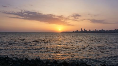 A view of the beach at sunset.