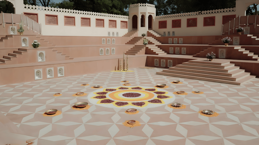 Courtyard with rangoli design at Umaid Palace during Charvi & Dhruv wedding celebration.