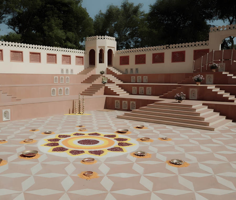 Courtyard with rangoli design at Umaid Palace during Charvi & Dhruv wedding celebration.