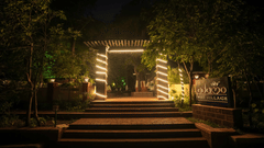 Night view of Adamo The Village entrance leading to an illuminated archway through the trees.