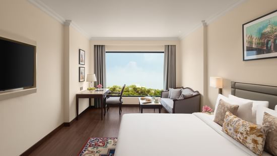 A large hotel room at Sarovar Portico, Hanumangarh, with a bed, a television, and a window.