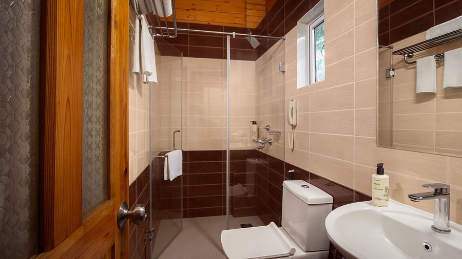 A modern washroom with a commode, a sink, a wall-mounted mirror and a separate shower cubicle - Highland Sarovar Portico, Sindhudurg