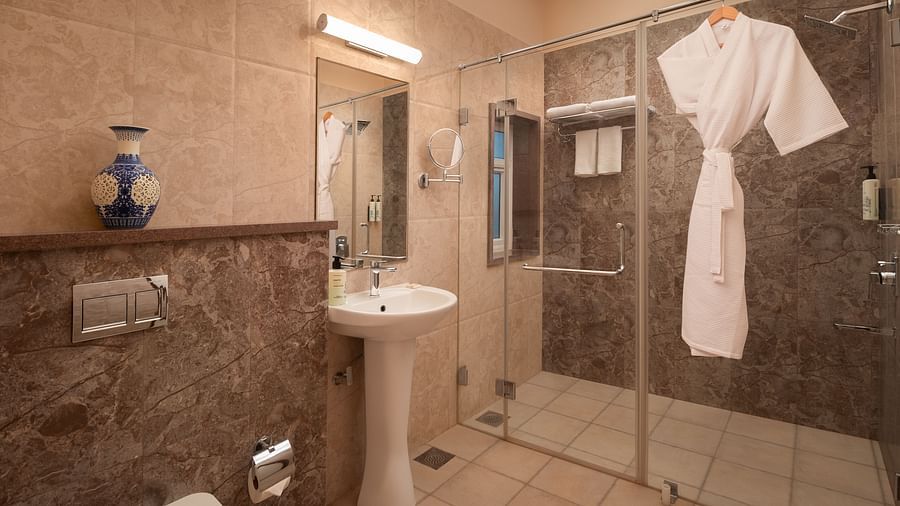 A hotel bathroom with a sink, a mirror and a separate shower cubicle with a bathrobe - Highland Sarovar Portico, Sindhudurg