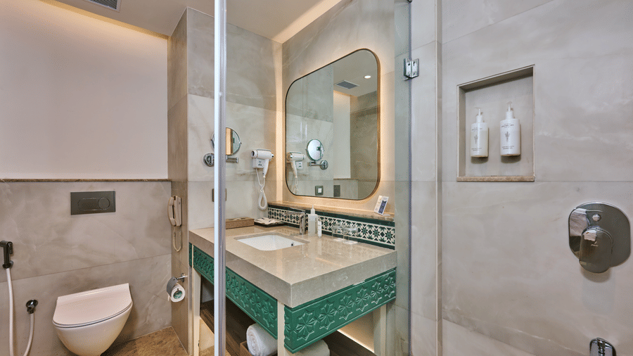Deluxe Twin Room's en suite bathroom at Prachi Sarovar Premiere, Bhubaneswar, containing a wall-mounted toilet, a vanity unit, a mirror, and a shower space.