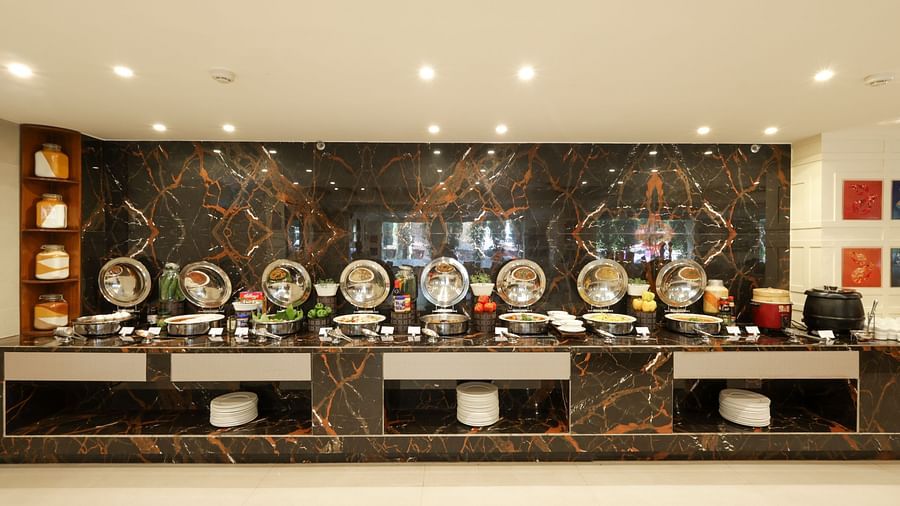 Front view of the buffet-style meals at Sobit Sarovar Portico, Goa