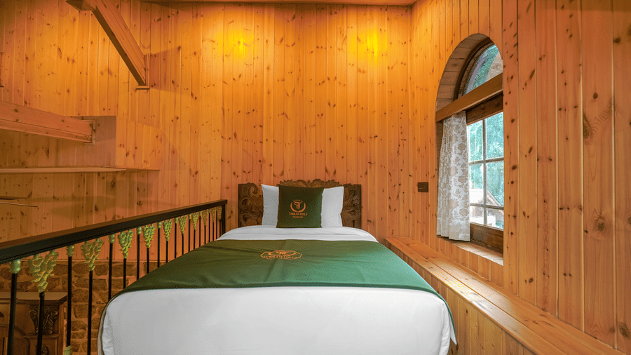 The executive-suite at BluSalzz Terrah Hills Resort, Dalhousie, bedroom with a single bed featuring bedding, extensive wooden paneling on walls and ceiling, and a window.