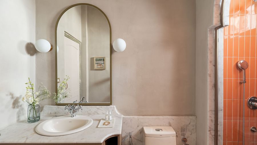 Overview of the bathroom with the sink area in view inside one of the rooms - Manuscript - Jhilwara Haveli, Udaipur