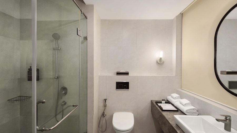 Bathroom of the Standard King Room at Ramada by Wyndham Bodh Gaya Mahabodhi featuring a western toilet, a sink with a wall mirror, and a glass shower area.
