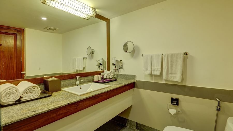 an image of Lake View Terrace Bathroom with essential toiletries and a huge mirror- Rhythm Kumarakom