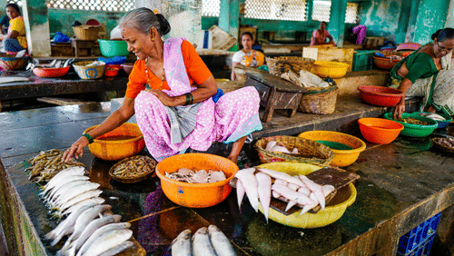 A lady selling a variety of fish in a market