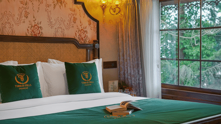 The claasic room at BluSalzz Terrah Hills Resort, Dalhousie, with a double bed featuring a bedspread,books, and pillows, a wall mounted light fixture, set against a backdrop of unique wall architecture, and a window view of lush greenery.