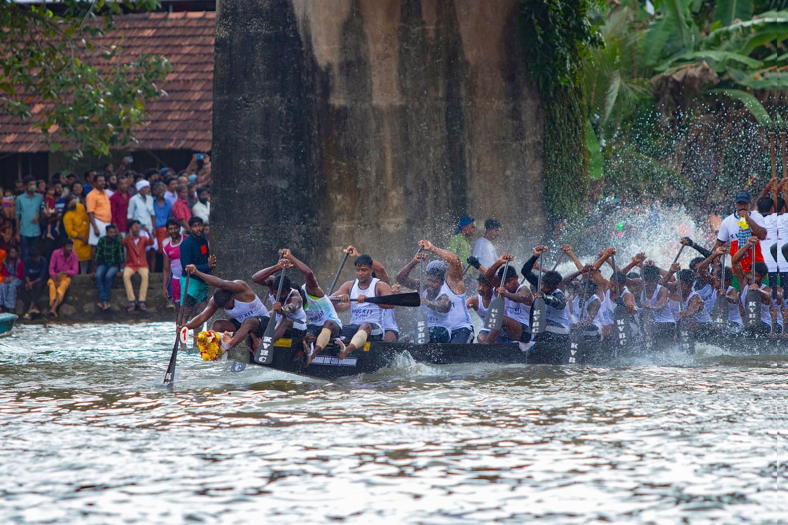 An overview of the Kumarakom Boat Rae with people paddling to win the race.