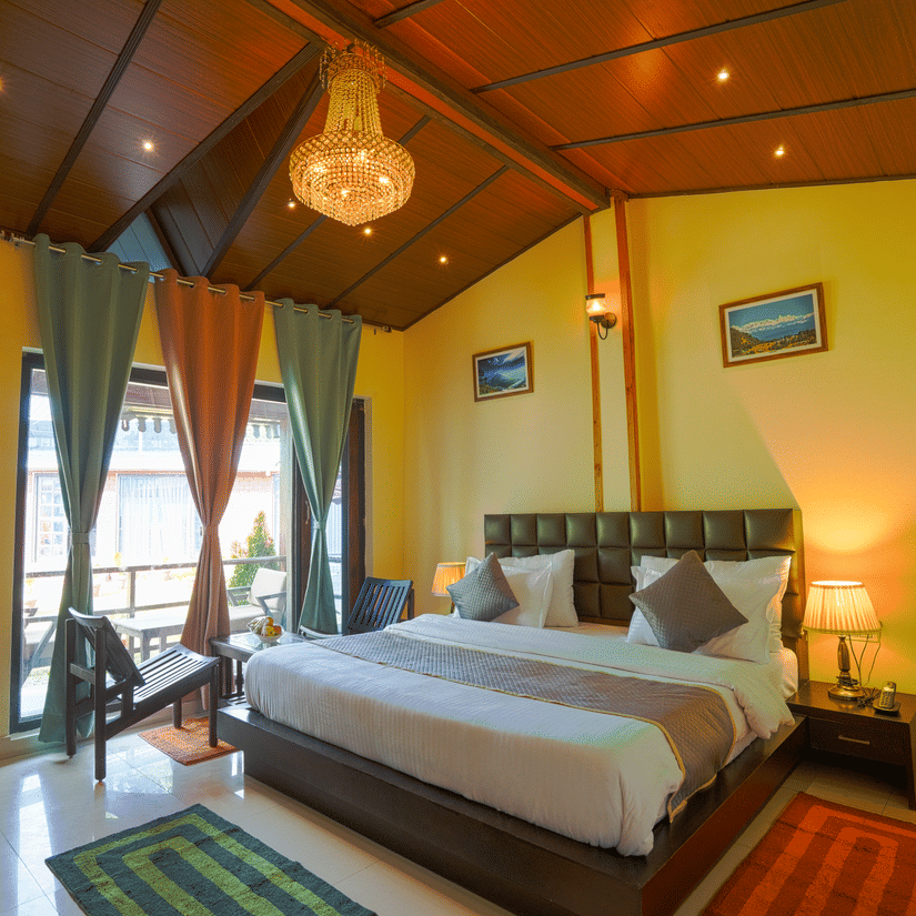 A bedroom featuring a neatly made bed with cushions, bedside lamps, 2 chairs and a coffee table, and a chandelier | Sol Glow Resort, Nainital