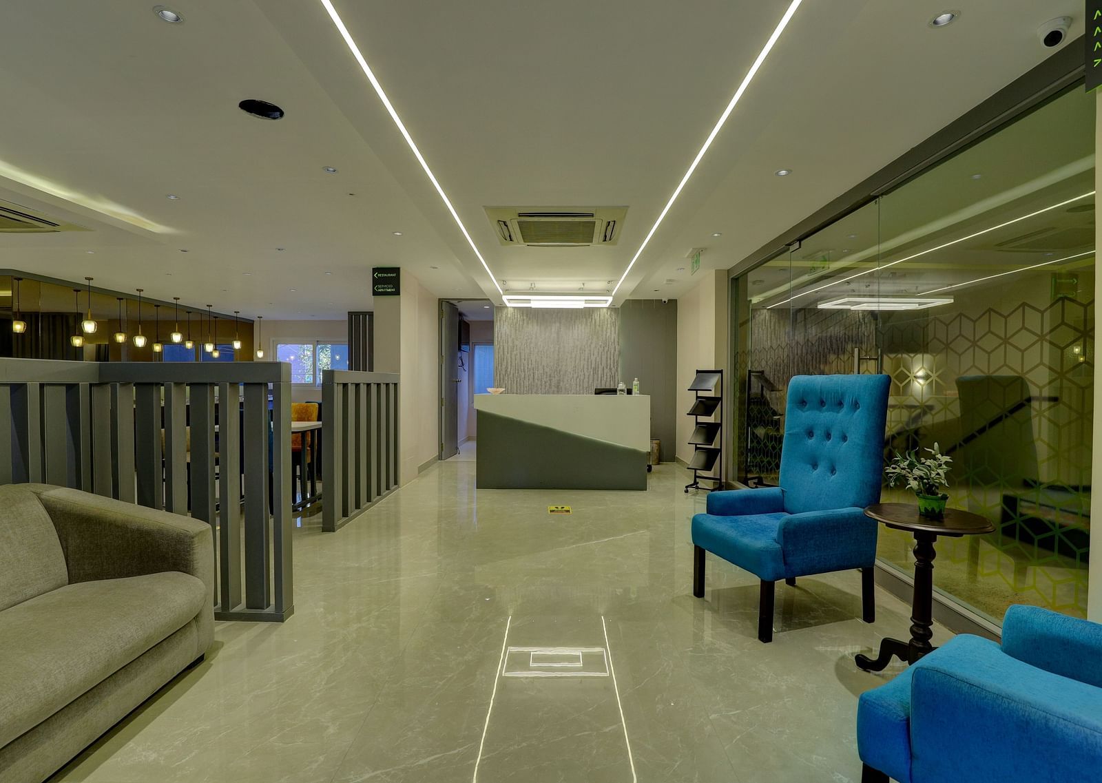 Lobby area of a hotel with seating