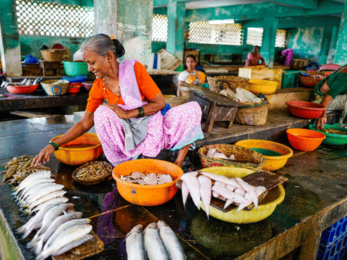 A local woman dressed in saree selling fish and other seafood items in a wholesale fish market.