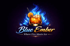 Blue Ember bar logo at Alps Residency, Krishnagiri featuring a whisky glass with ice cubes and an orange slice garnish surrounded by blue flames, with the tagline Where Fire Meets Ice on a dark background.