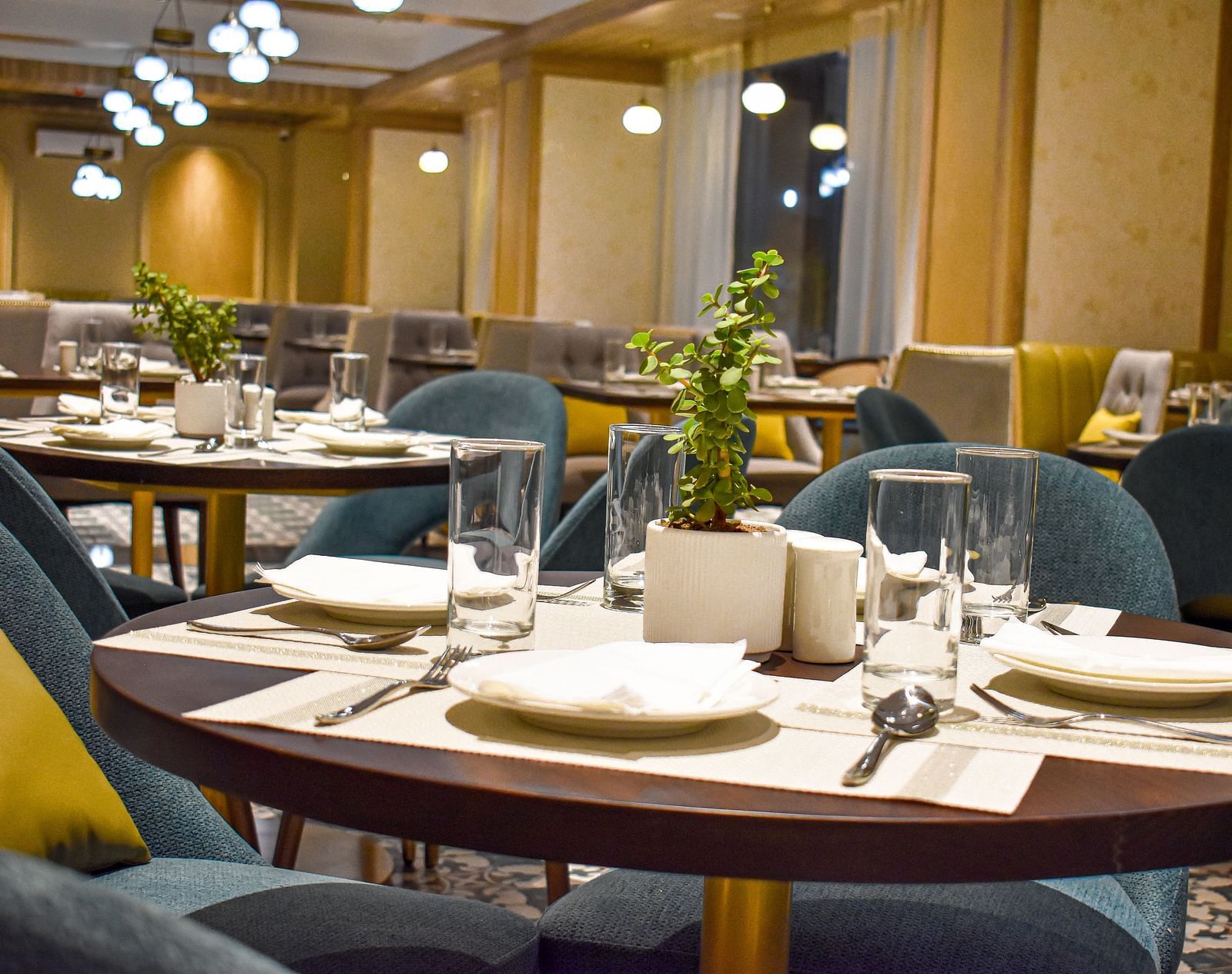 A restaurant interior with set round table, upholstered chairs, glassware, plants, and decorative lighting - Urban Suites by BluSalzz, Jaipur