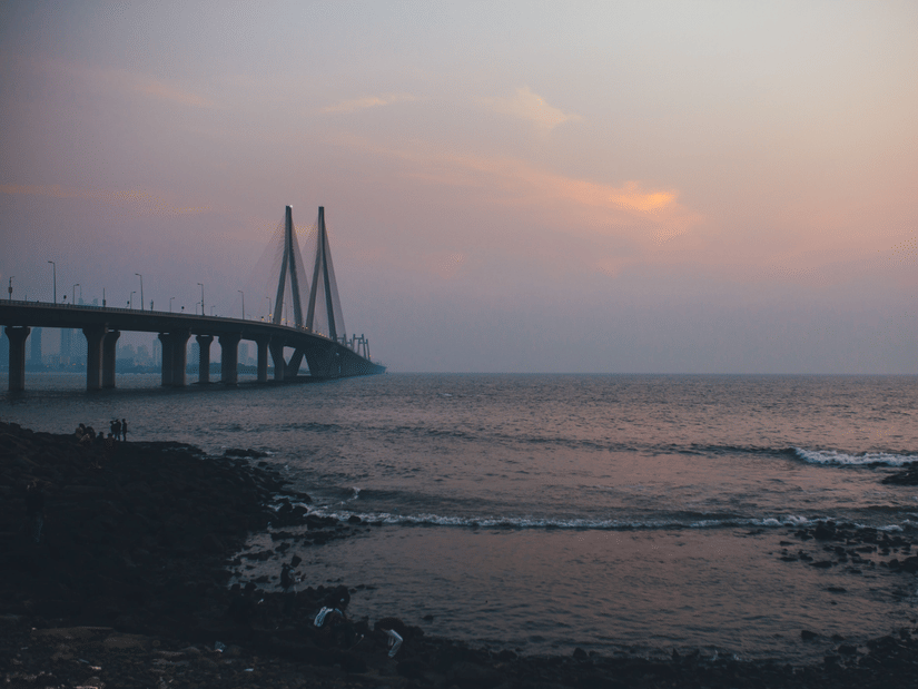 A panoramic shot of the Bandra-Worli Sea Link in Mumbai during the sunset.