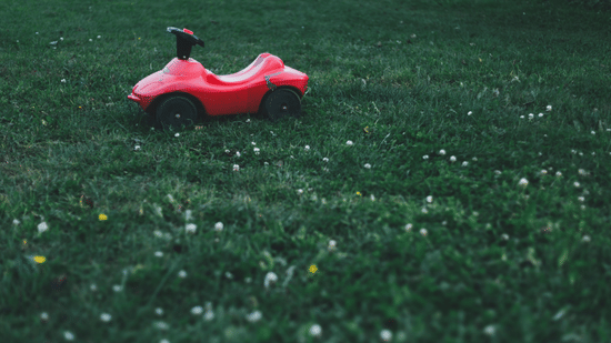 A red plastic toy car sits in a grassy field.