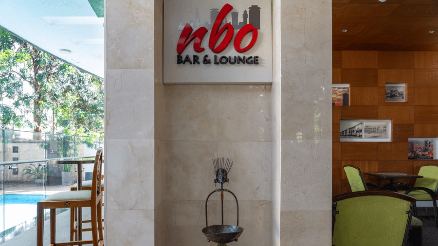 Entrance sign of NBO Bar restaurant at The Zehneria, Nairobi