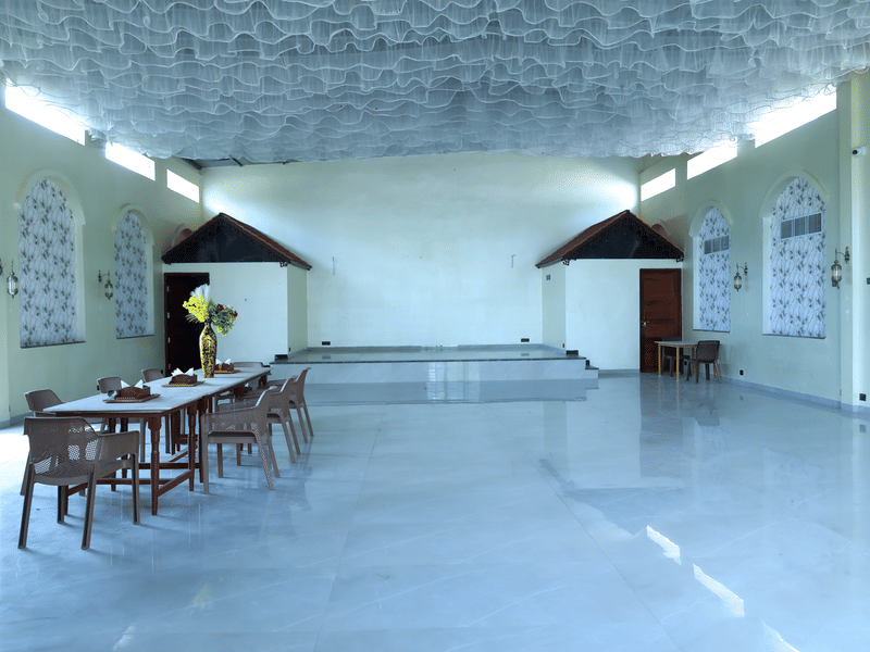 The banquet hall laid out for a wedding reception at Signum Resort, Bandhavgarh